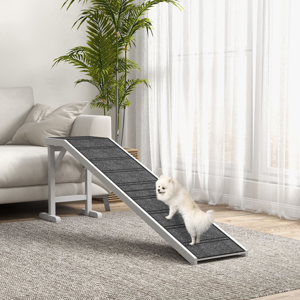image 1 of PawHut Dog Ramp for Bed, Pet Ramp for Dogs with Non-Slip Carpet and Top Platform, White & Grey