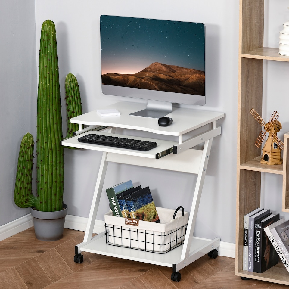 image 1 of HOMCOM Movable Computer Desk with 4 Moving Wheels Sliding Keyboard Tray Home Office Workstation White