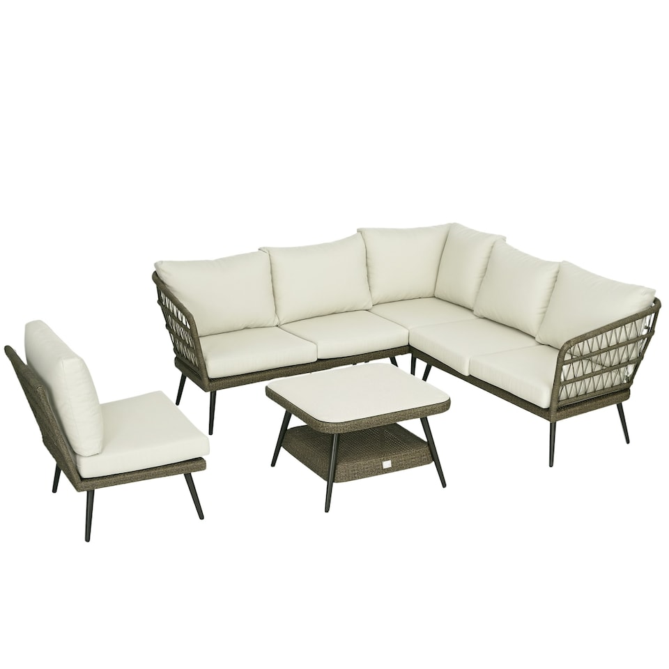 image 1 of Outsunny Rattan Corner Sofa, Rattan Garden Furniture w/Glass Top Two-tier Table