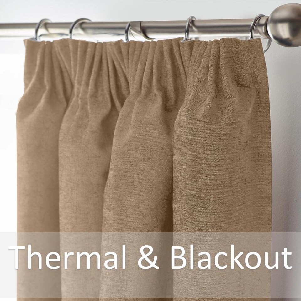 image 1 of Chenille Blackout Pencil Pleat Top Curtains 117cm x 229cm Beige | Brown | Beige | 1