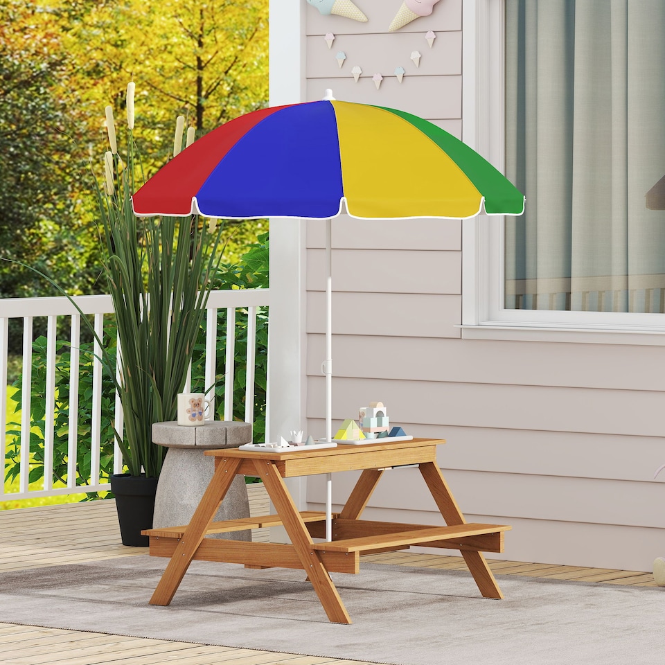 image 1 of AIYAPLAY Wooden Kids Picnic Table, Sand and Water Table w Benches, Parasol | Multi