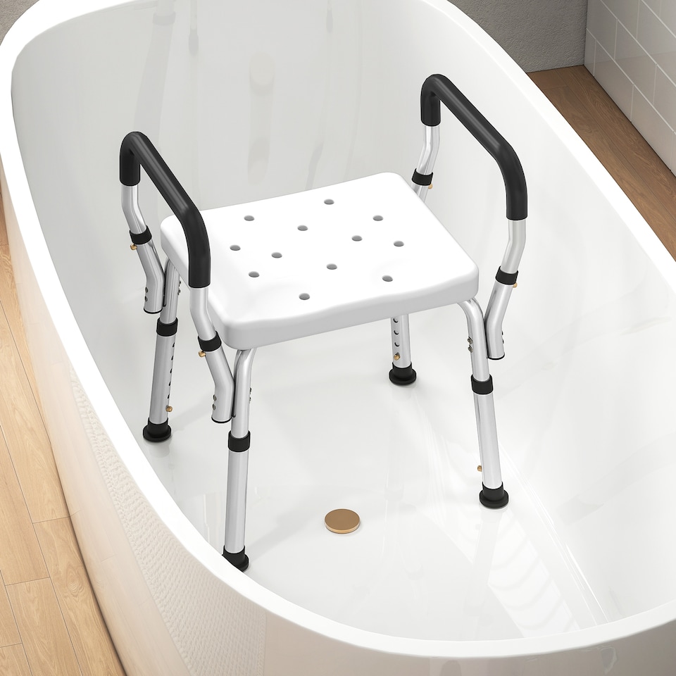 image 1 of HOMCOM Portable Shower Stool, Non-Slip Shower Chair with Adjustable Height, Rust-Free Aluminium Bath Chair for Elderly, Disabled, White