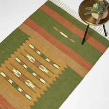 Homescapes Lundi Orange and Green Kilim Cotton and Jute Rug - 90 x 150 cm