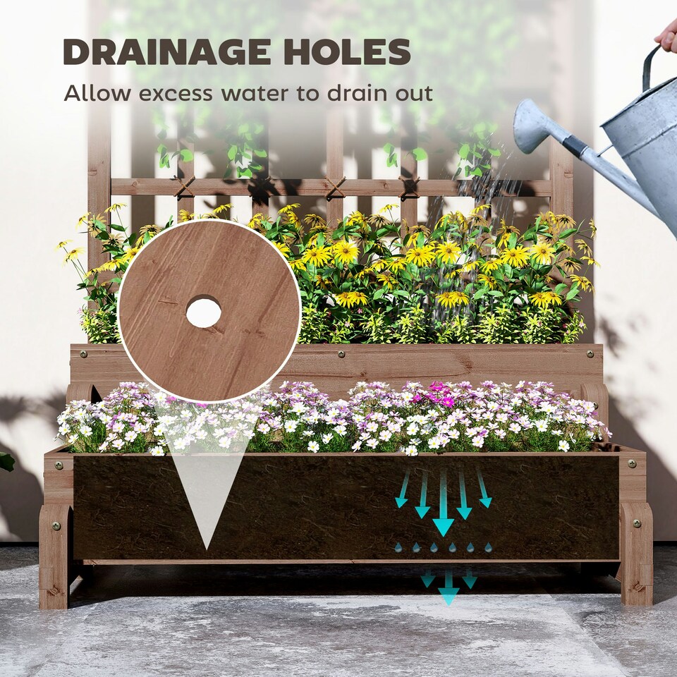 image 1 of Outsunny 2-Tier Wooden Raised Bed with Trellis and Drainage Holes Brown