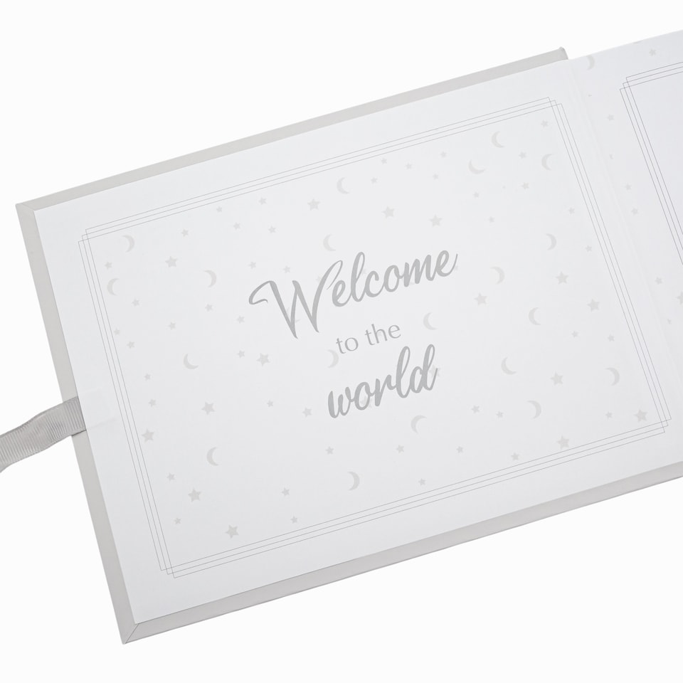 image 1 of Baby Keepsake Guest Book with Silver Plated Rattle Pram and Booties