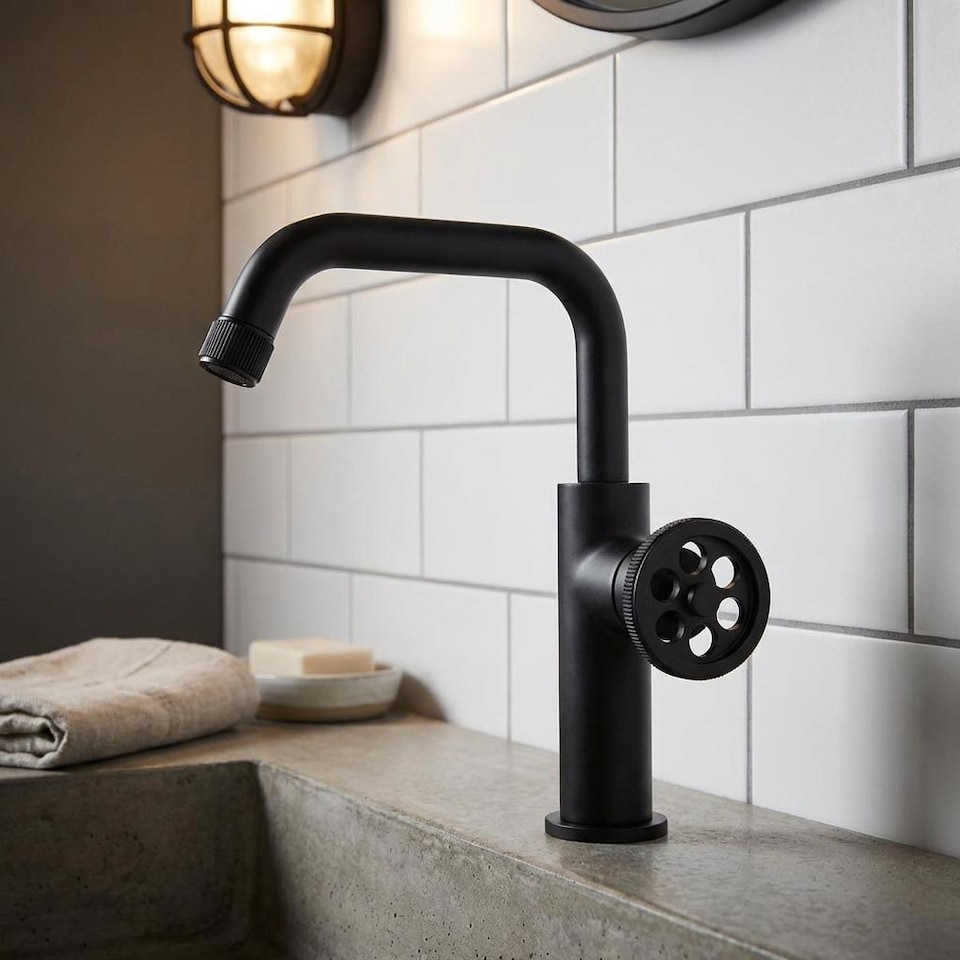 image 1 of Standing Basin Tap 'L' Type Spout Industrial Black Finished Brass Retro Style