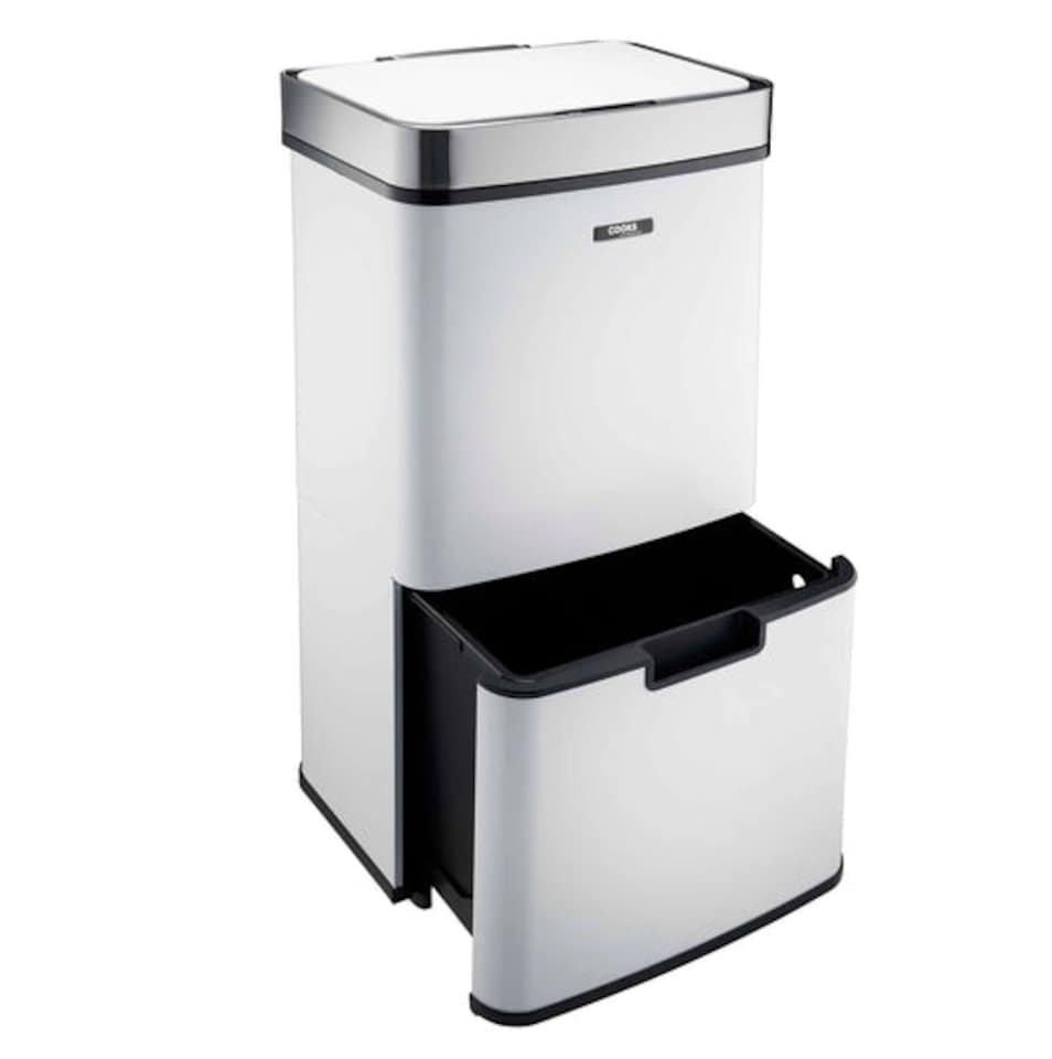image 1 of Cooks Professional Recycling Sensor Bin 75L with Dual Compartments & Food Caddy | White | White & Silver