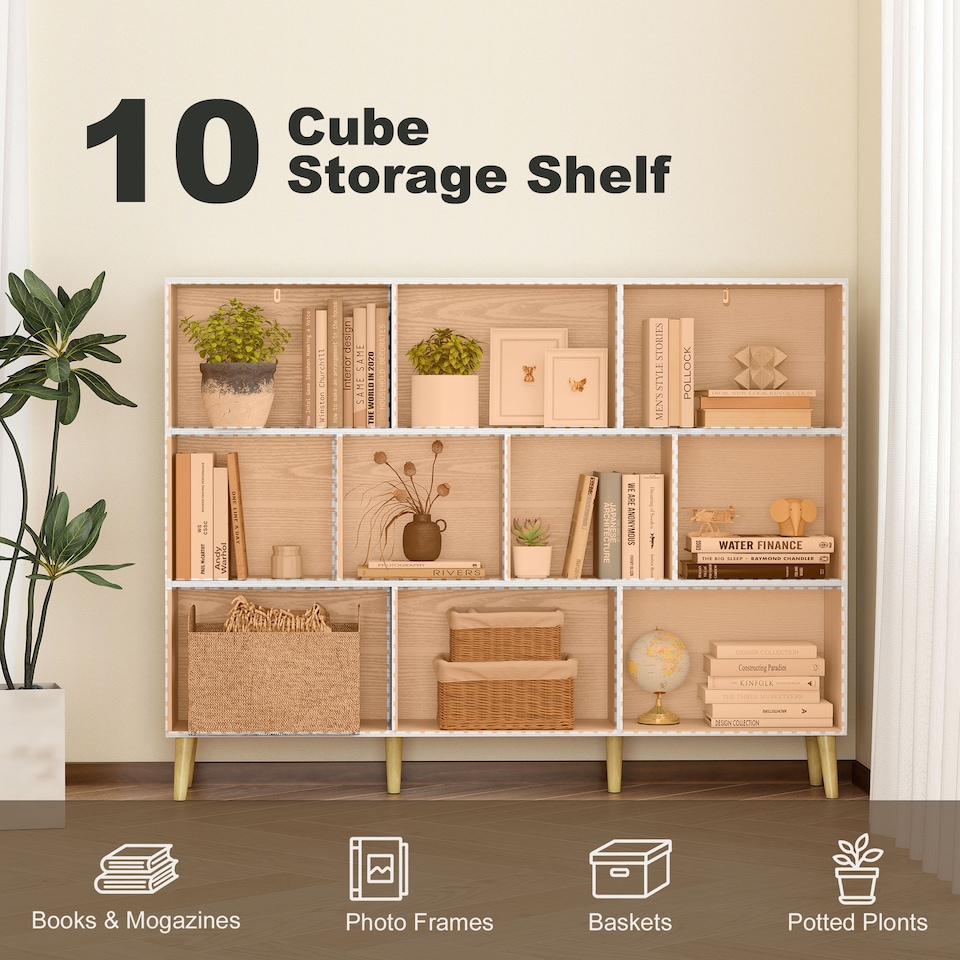 image 1 of HOMCOM Bookshelf with 10 Cubbies, 3-Tier Book Shelf with Wood Legs, White