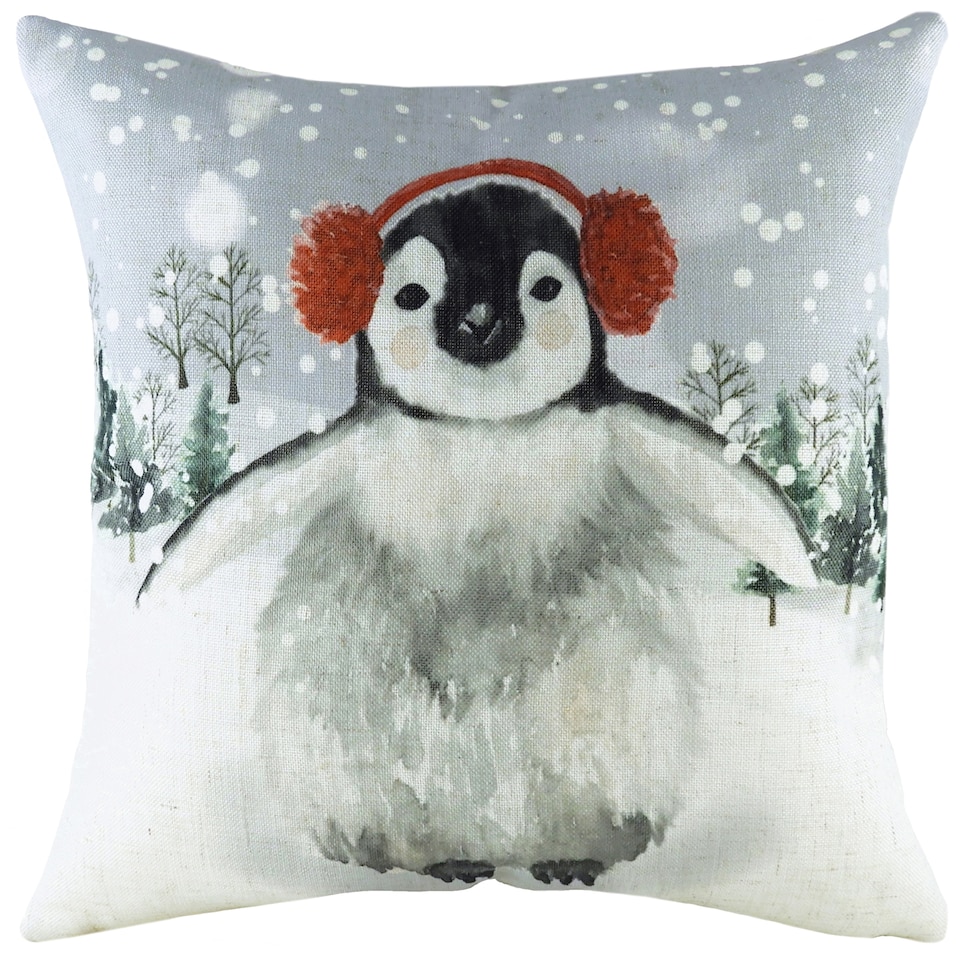 image 1 of Evans Lichfield Snowy Penguin With Ear Muffs Penguin Cushion, Multicolour, 43 x 43cm