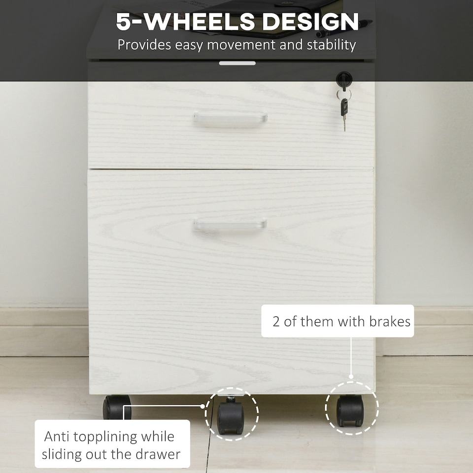 image 1 of Vinsetto 2-Drawer Locking Office Filing Cabinet 5 Wheels Rolling Storage White