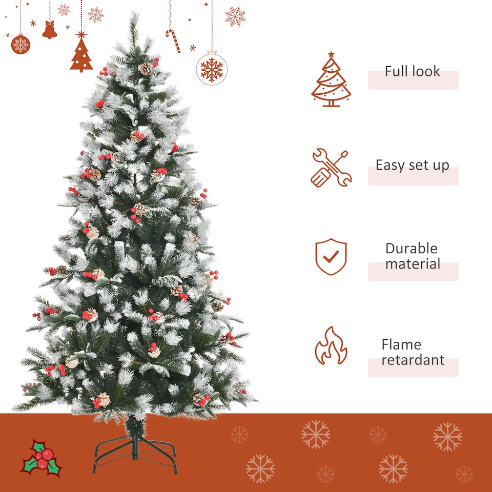 image 1 of HOMCOM 6FT Artificial Snow Dipped Christmas Tree mas Pencil Tree Holiday Home Party Decoration with Foldable Feet Red Berries White Pinecones, Green
