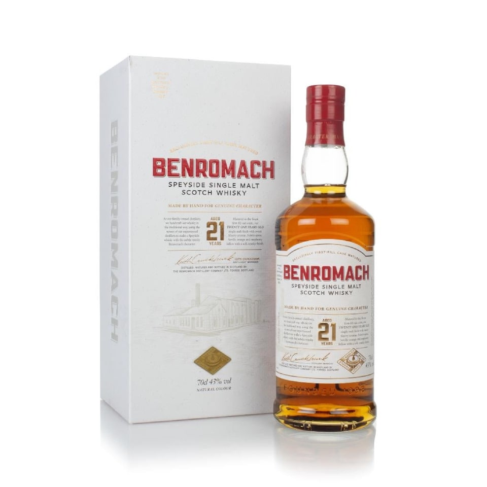 image 1 of Benromach - Speyside Single Malt Scotch 21 year old Whisky | Multi | Burnt Amber | Benromach single malt offers notes of cinnamon, Seville orange, raspberry, honey and soft smoke throughout the palate. | 1