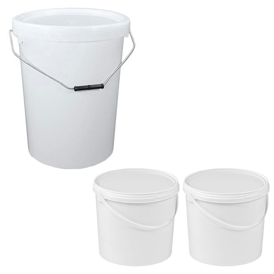 image 1 of 2 x 15 Litre Hard Wearing Strong White Plastic Buckets With Tamper Evident Lids & Handle