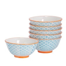 Nicola Spring Hand-Printed Cereal Bowls - 16cm - Blue - Pack of 6 | Multi | Multi