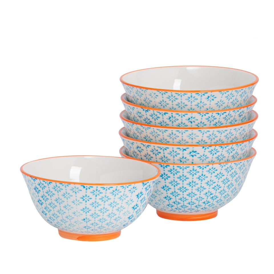 image 1 of Nicola Spring Hand-Printed Cereal Bowls - 16cm - Blue - Pack of 6 | Multi | Multi