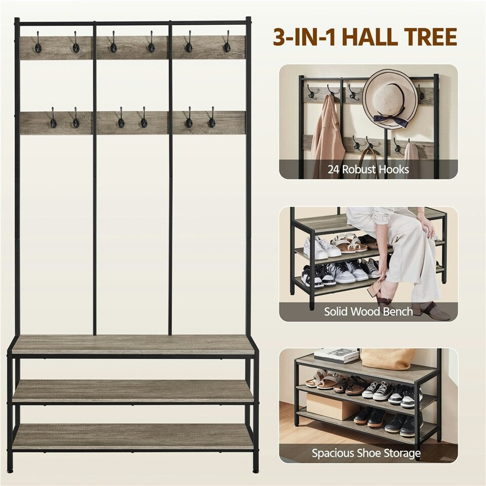 image 1 of Yaheetech Industrial Hallway Rack with Bench & Shoe Storage Grey | One Size