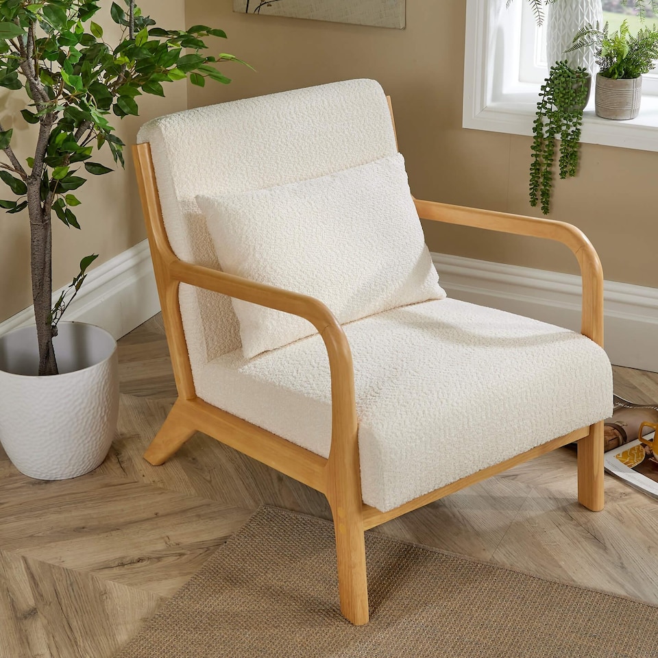 image 1 of Boucle Wooden Armchair Teddy Fur Cream Modern Home Chair Furniture Seating