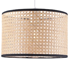 Natural Wicker Rattan Drum Shaped Pendant Lamp Shade with Black Cotton Trims | Brown