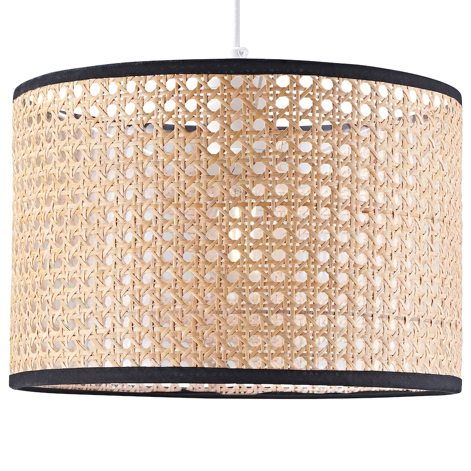 image 1 of Natural Wicker Rattan Drum Shaped Pendant Lamp Shade with Black Cotton Trims | Brown