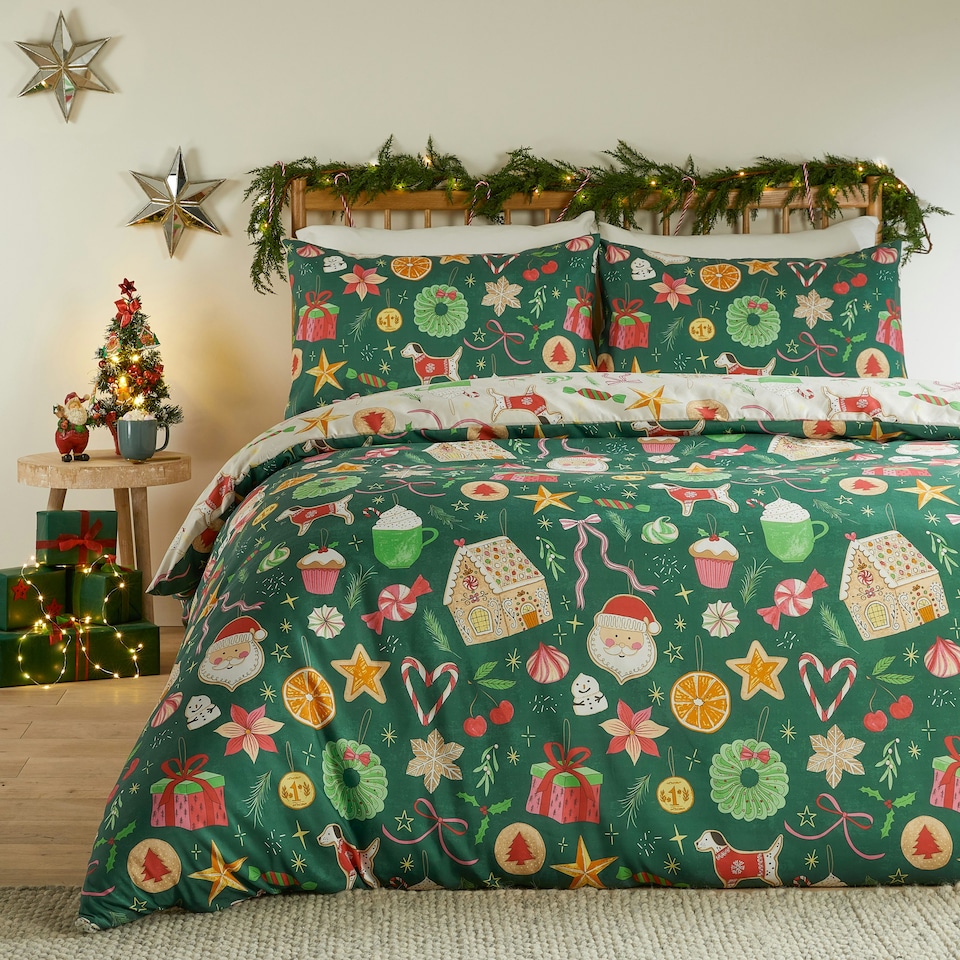 image 1 of Duvet Day Festive Treats Printed Soft Touch Single Duvet Set Green | Single