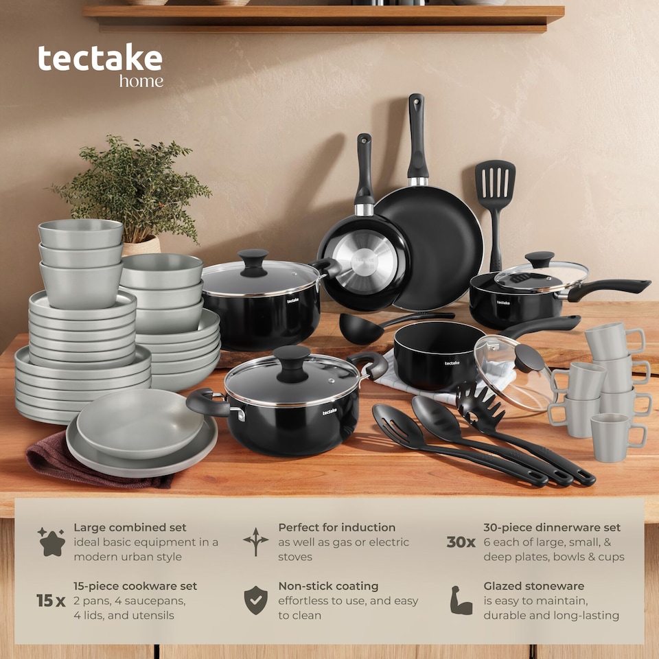 image 1 of Dinnerware Set for 6 People with Plates, Bowls, Utensils, Pots and Pans | Grey | grey/black | 45 pc | 1