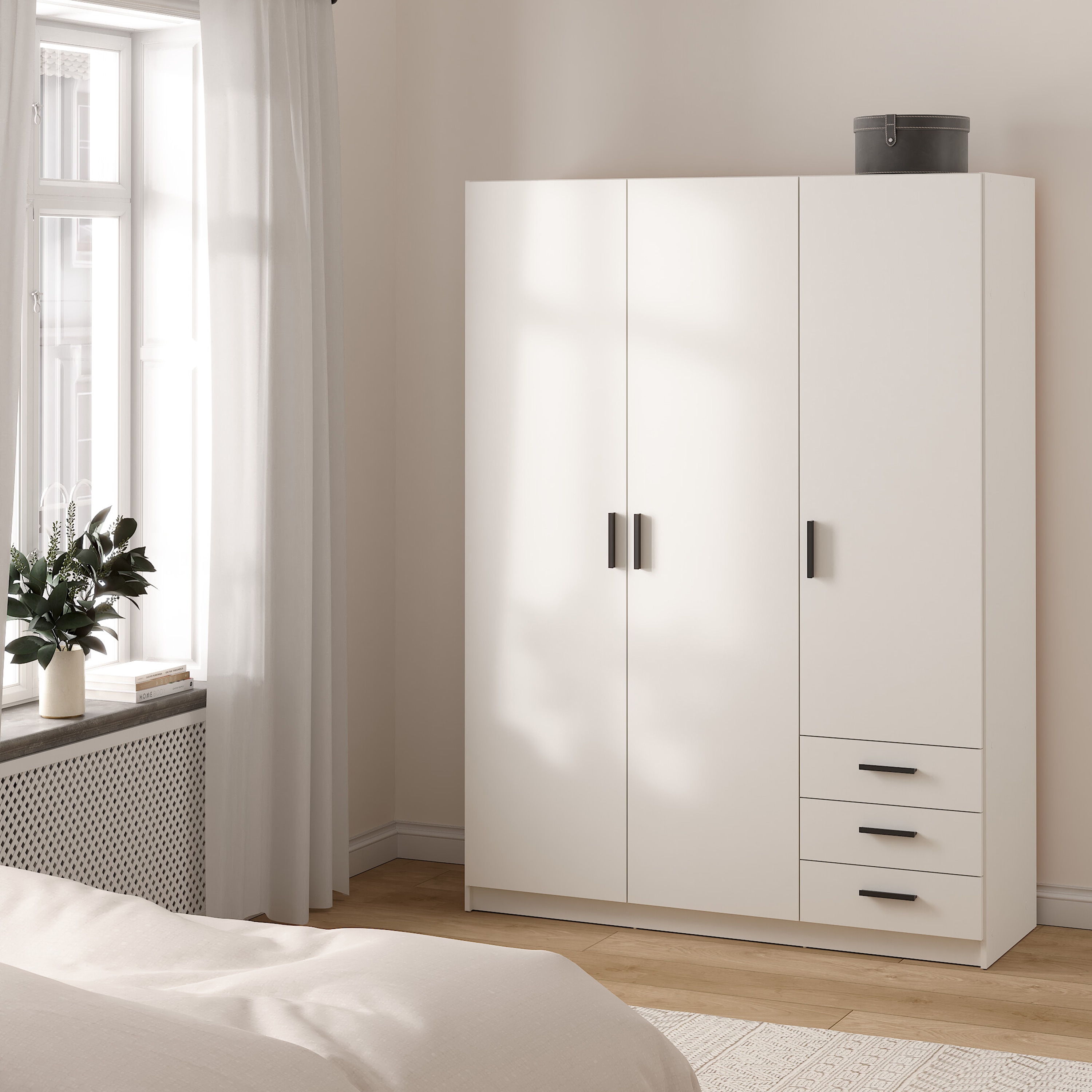 Sprint Wardrobe with 3 Doors + 3 Drawers in White, White