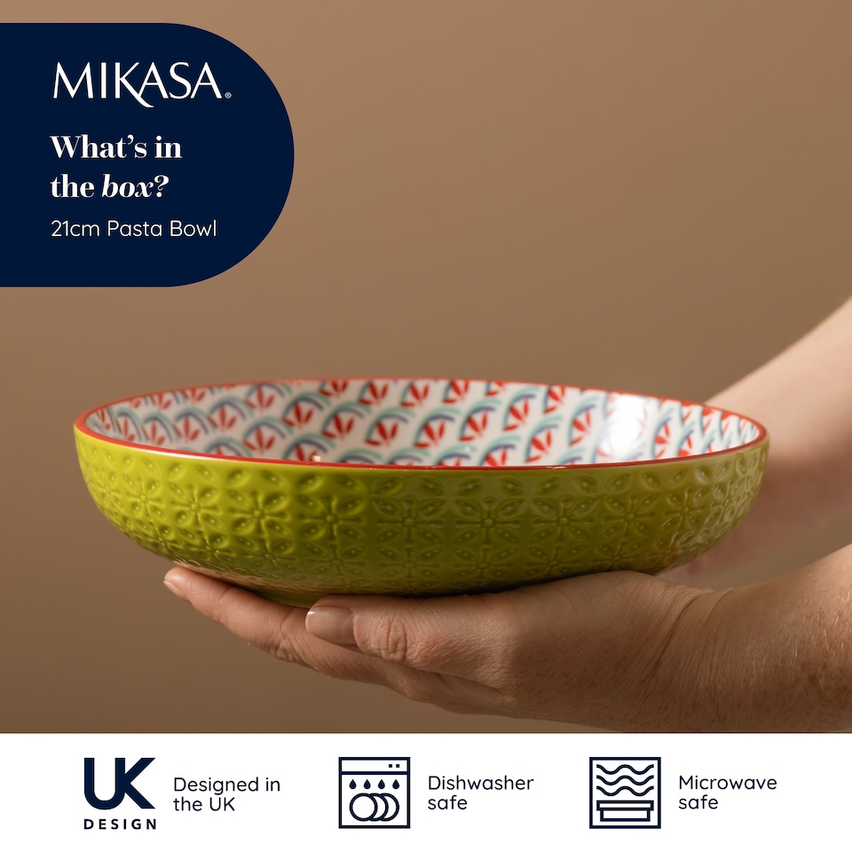 image 1 of Mikasa Set of 4 Green and Blue Geometric 2 Toned Stoneware Pasta Bowls
