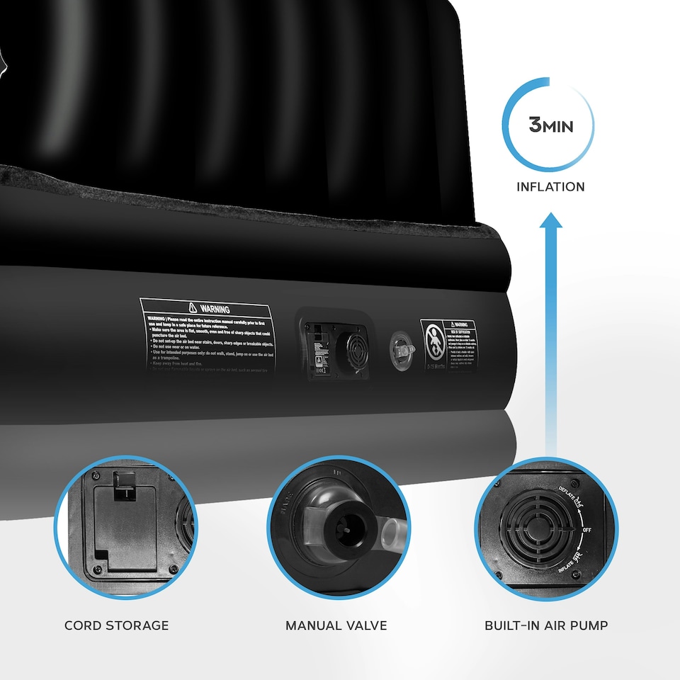 image 1 of Get Fit Air Bed With Built In Electric Pump - King Airbed Blow Up Bed With Headboard, 2 Free Inflatable Pillows - Elevated Inflatable Air Mattress - Black Mono