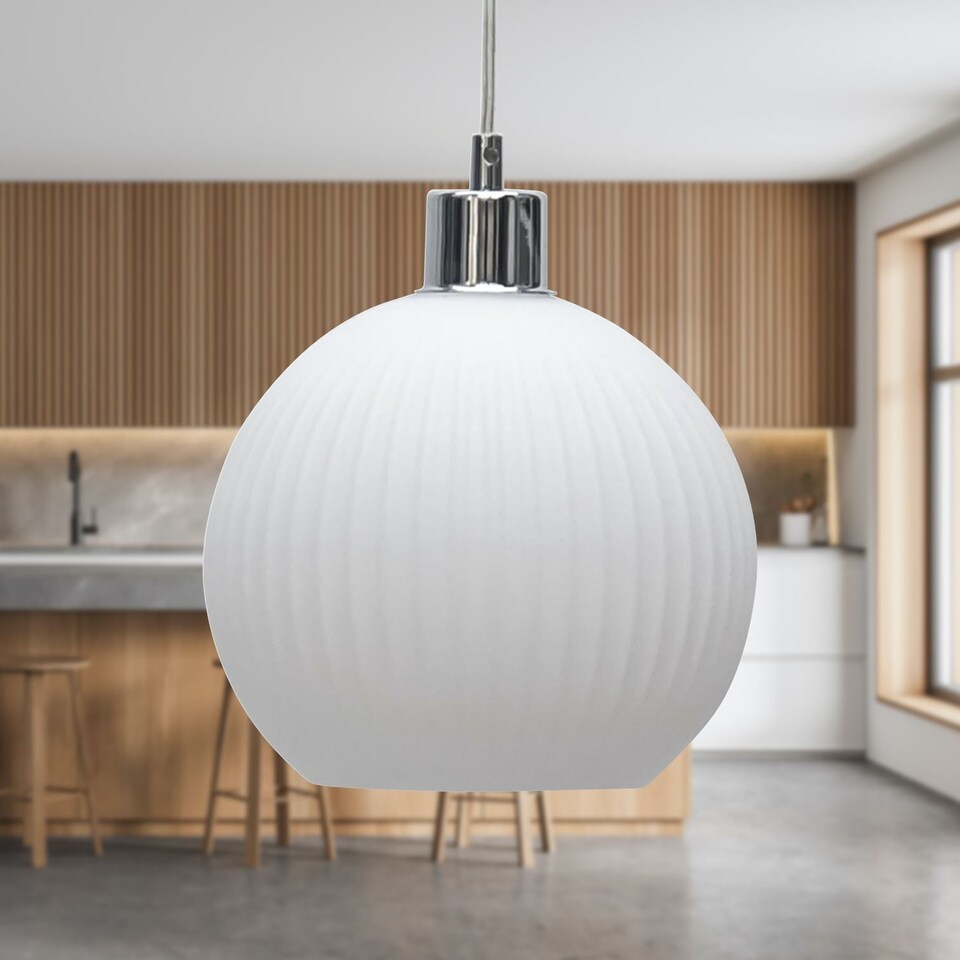 image 1 of Set of 2 Betchley - White Ribbed Glass Globe Easy Fit Pendant Shades | White | Medium | 2