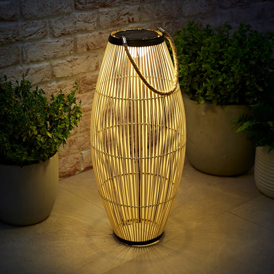 image 1 of ValueLights Solar Powered Outdoor Natural Bamboo Floor Lamp with Drum Shade | Cream