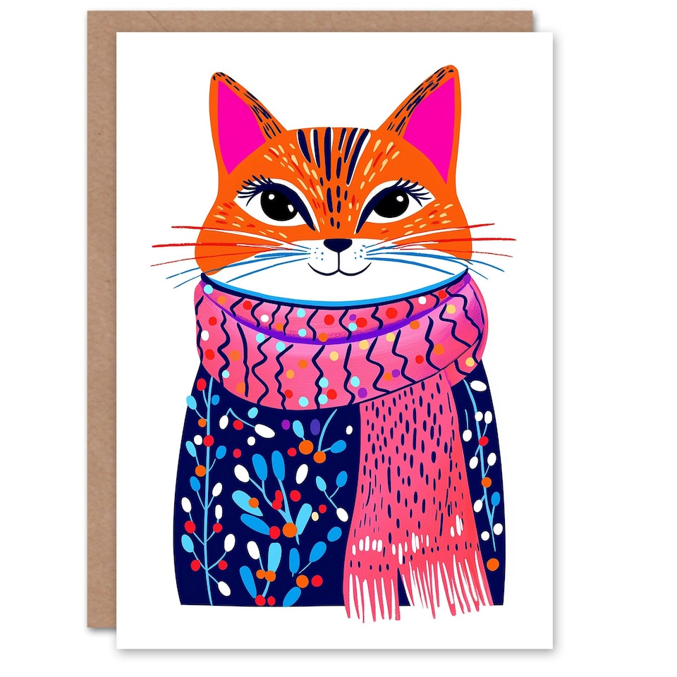 image 1 of Greeting Card Tabby Winter Floral Jumper Pink Scarf Cat Lover For Her Woman Xmas Christmas Card
