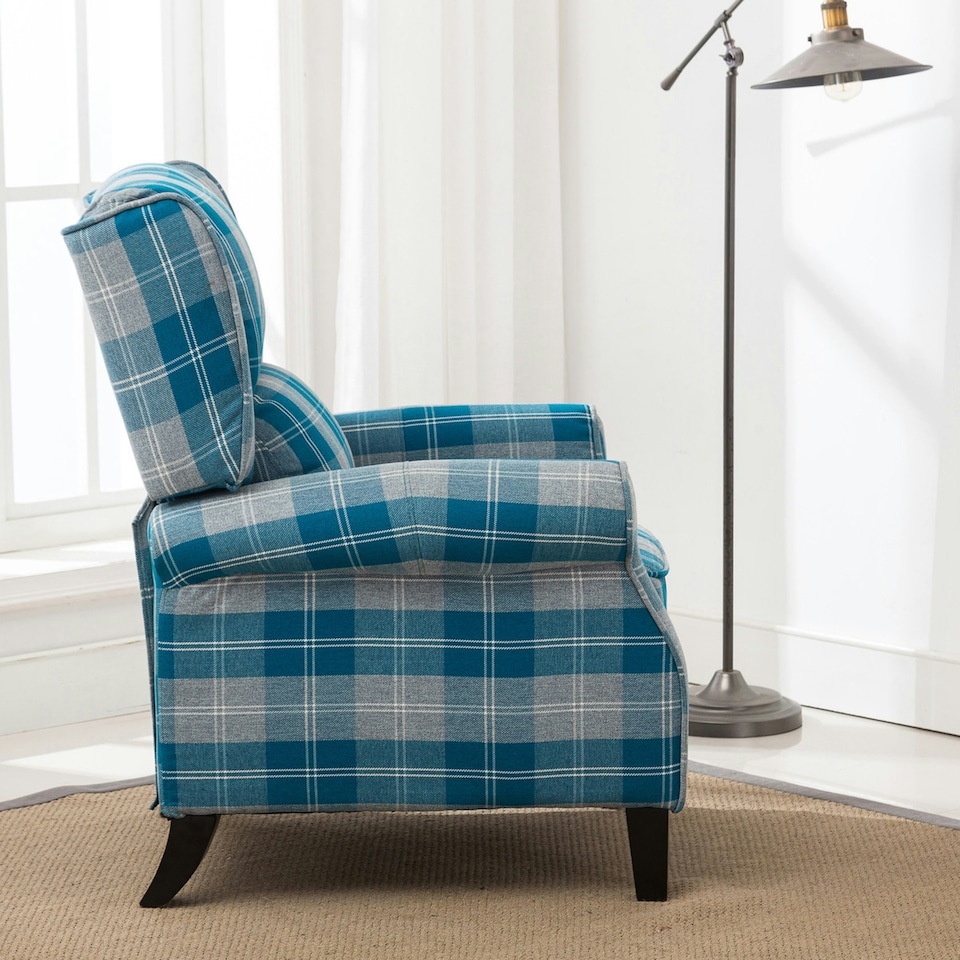 image 1 of Eaton Wing Back Fireside Checkered Fabric Pushback Recliner Chair (Blue)