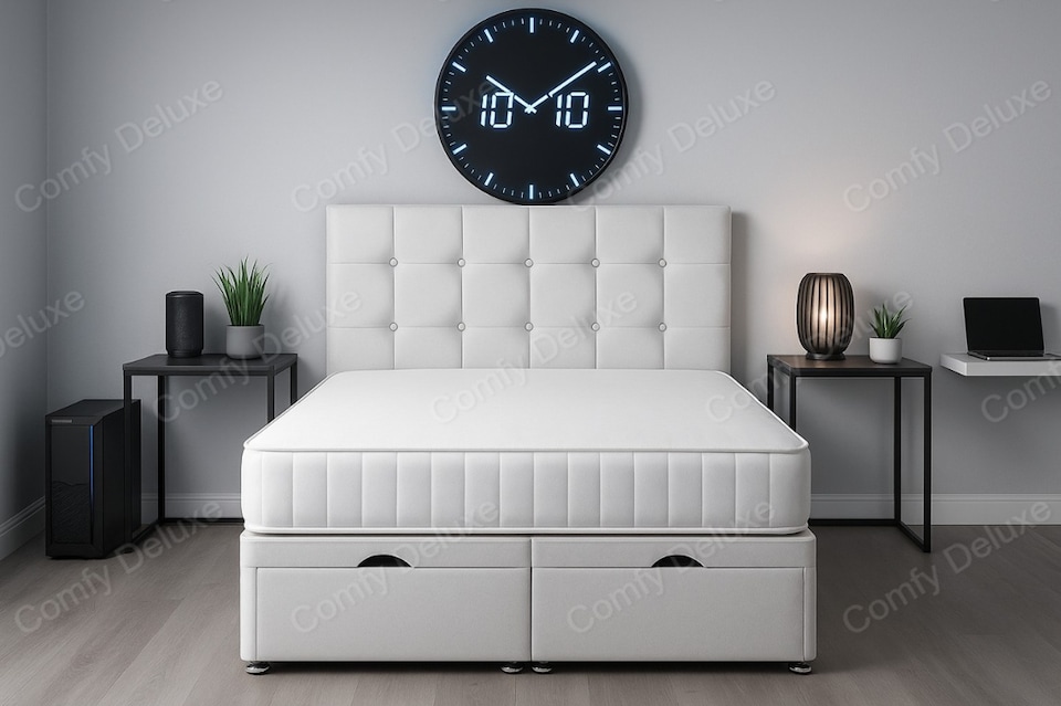 image 1 of Storage White Plush Ottoman 6ft Superking Bed Set with Headboard and Mattress