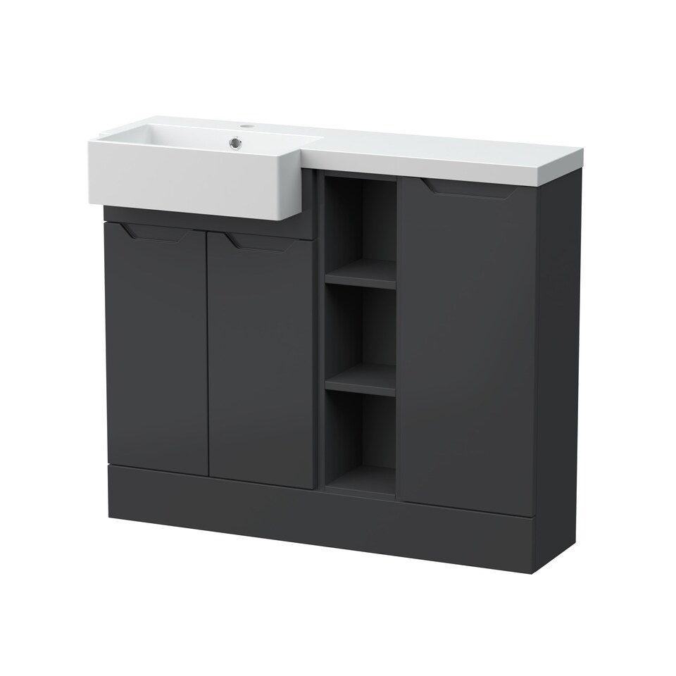 image 1 of Balterley Teddesley Floor Standing Compact 3 Door Combination Vanity Basin Unit with Open Shelves and Basin, 1000mm, Left Hand, Dark Grey