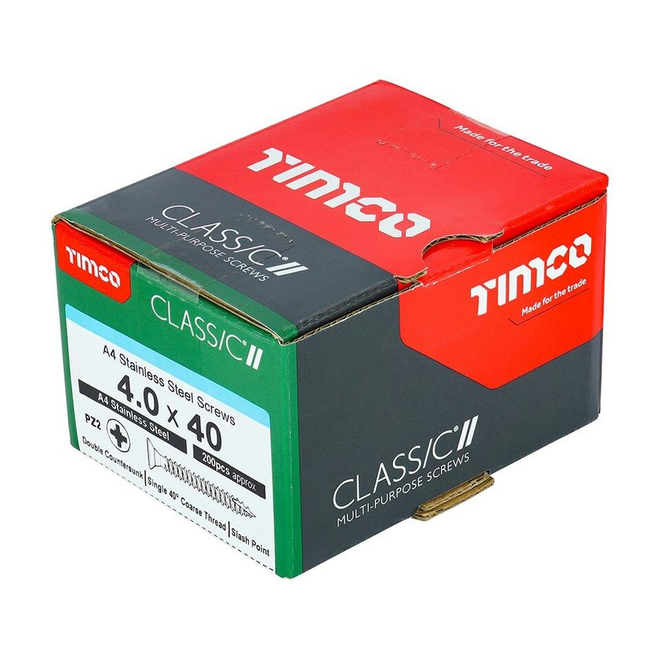 image 1 of Timco - Classic Multi-Purpose Screws - PZ - Double Countersunk - A4 Stainless Steel  (Size 4.0 x 40 - 200 Pieces)