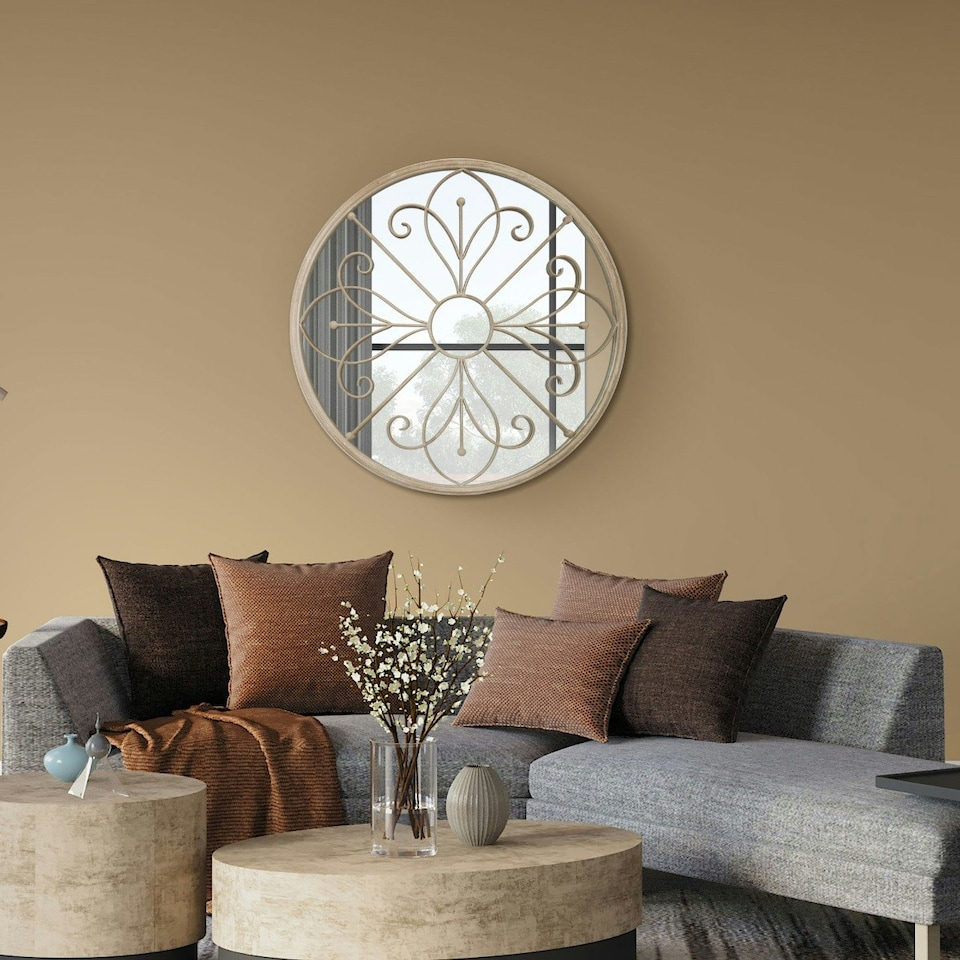 image 1 of Summer Orchid Metal Circular Decorative Garden Mirror Cream 90cm X 90cm | White