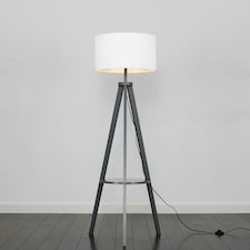 ValueLights Morrigan White Shade Grey Wood Tripod Floor Lamp & Bulb | White