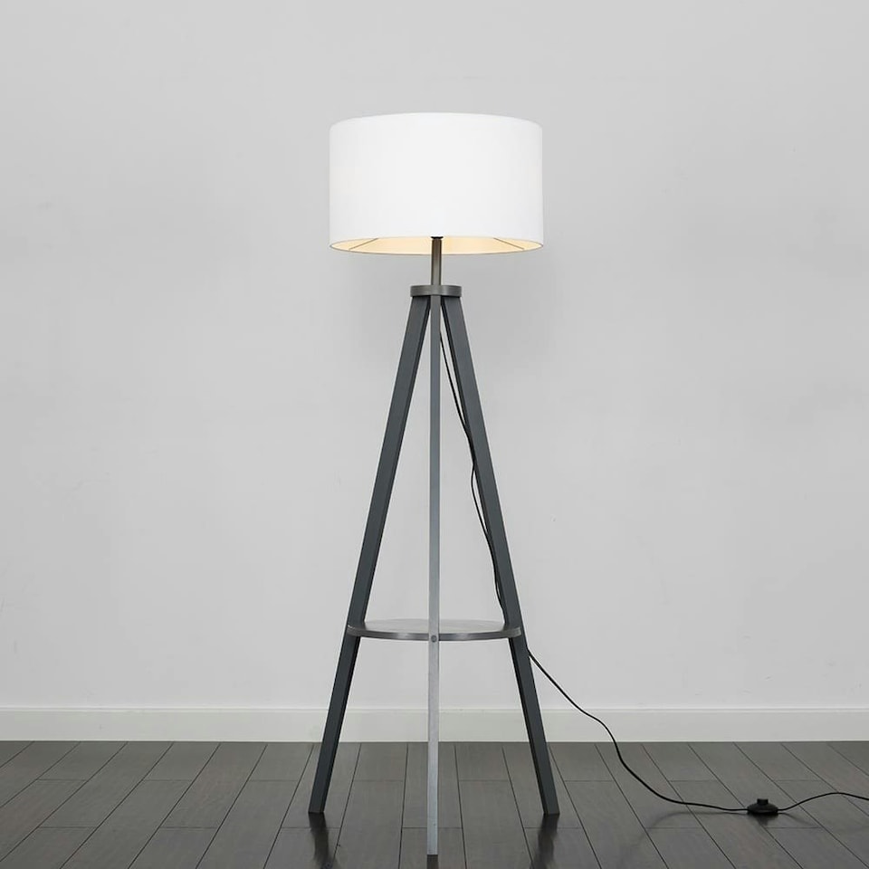 image 1 of ValueLights Morrigan White Shade Grey Wood Tripod Floor Lamp & Bulb | White