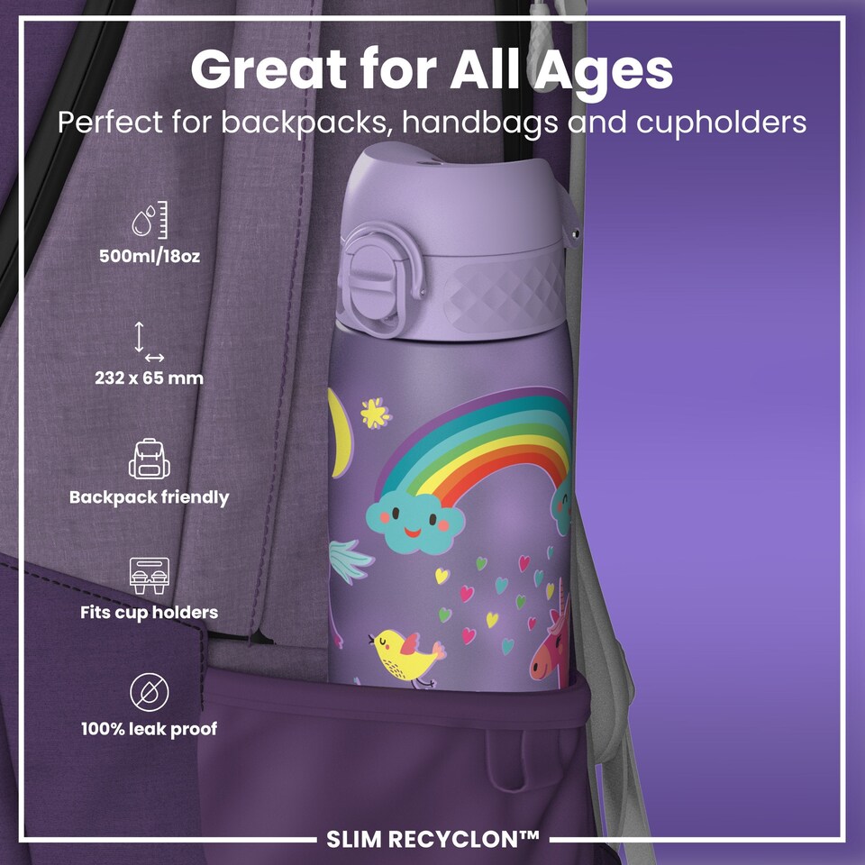 image 1 of Leak Proof Slim Water Bottle, BPA Free, 500ml (18oz) | Purple | Unicorns Periwinkle | One Size