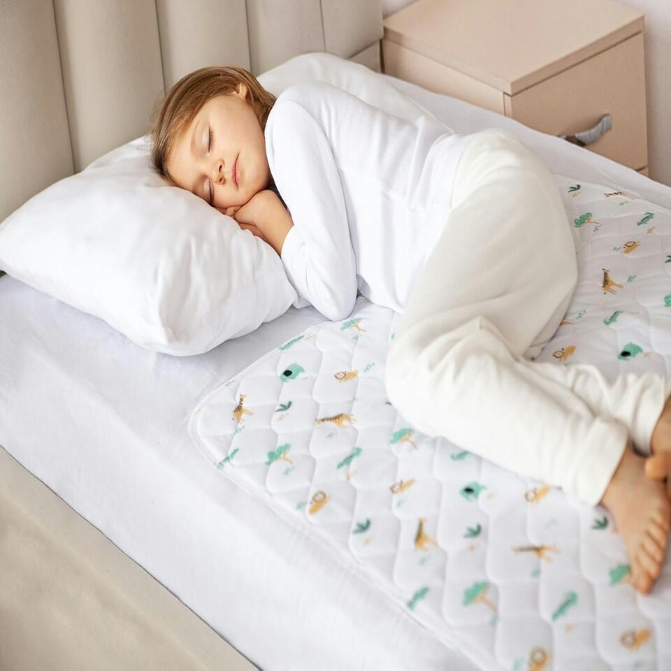image 1 of Toddler Potty Training Bed Pads - Non-Slip - Soft Waterproof Bedwetting Pee Protector Mat for Kids - Multi-Layer, Washable, Absorbs Up to 2000ml - 90 x 85cm White | Safari | Single