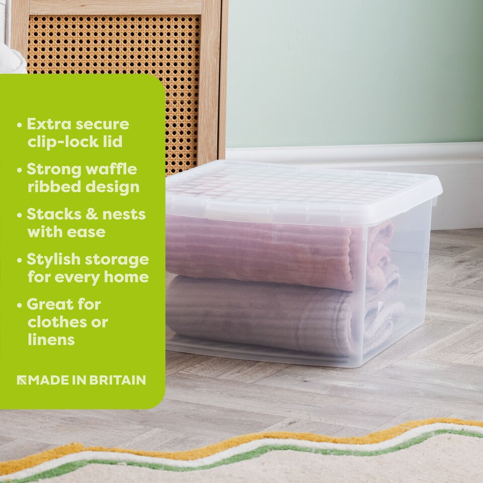 image 1 of Wham Clip 5x 25.5L Square Plastic Storage Boxes with Clip Lock Lids. Ideal for Home, Office, Toys & More - Clear/Clear | Clear | 5