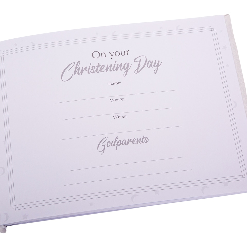 image 1 of Beautiful White Satin Fabric Christening Guest Book with Silver Metal Cross