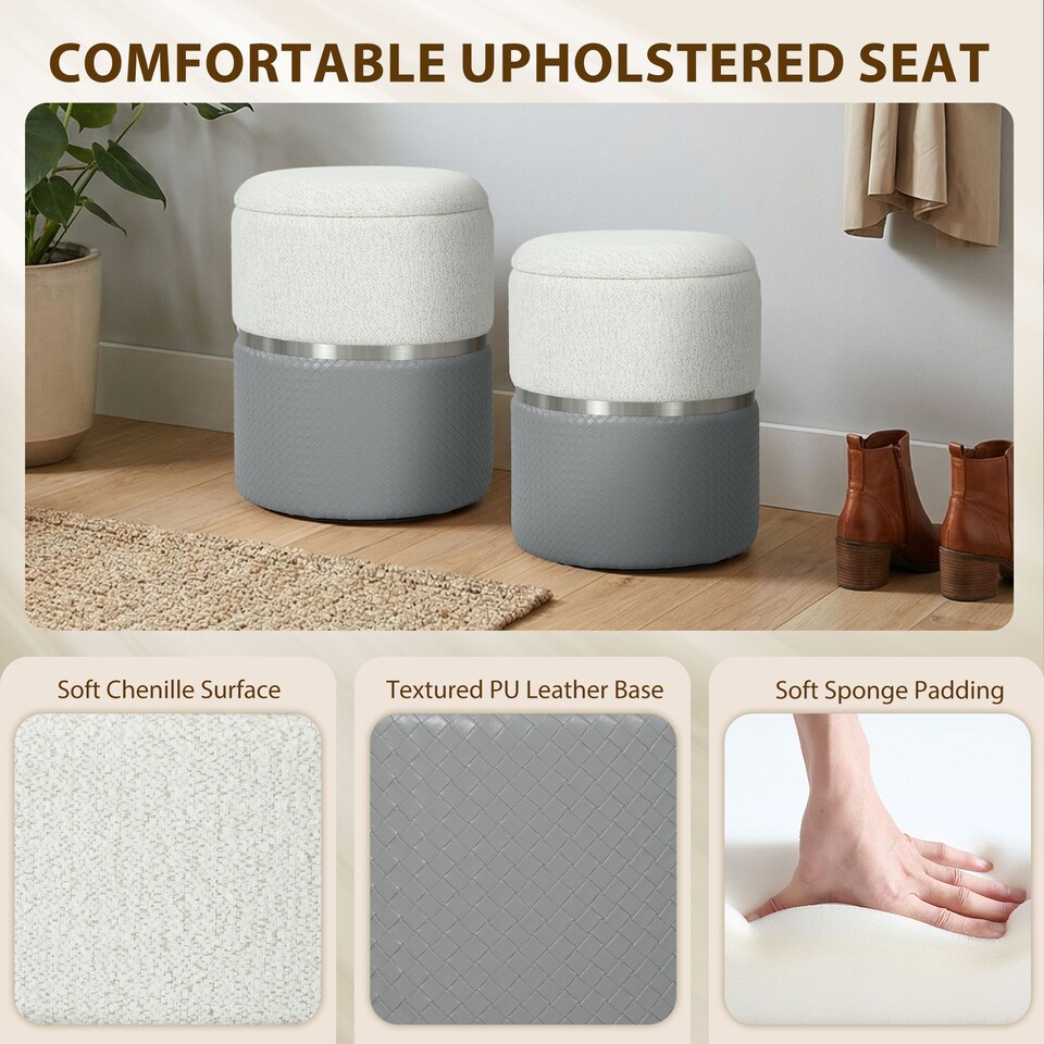 image 1 of HOMCOM Round Storage Ottoman Set of 2, Nesting Footrest Stool | Grey | Cream and grey | Φ36 x 45H cm (large), Φ31.5 x 39H cm (small)