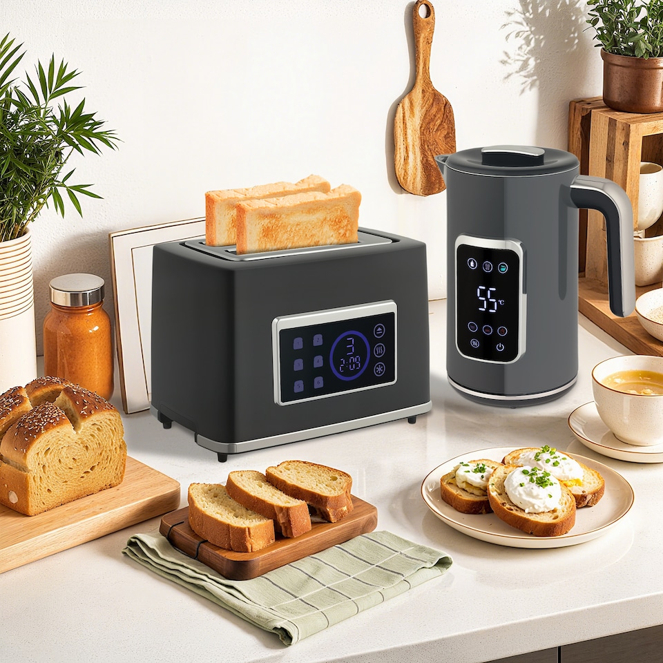 image 1 of HOMCOM 1.7L 3000W Rapid Boil Kettle and 2 Slice Toaster Set Crumb Tray Grey | Grey