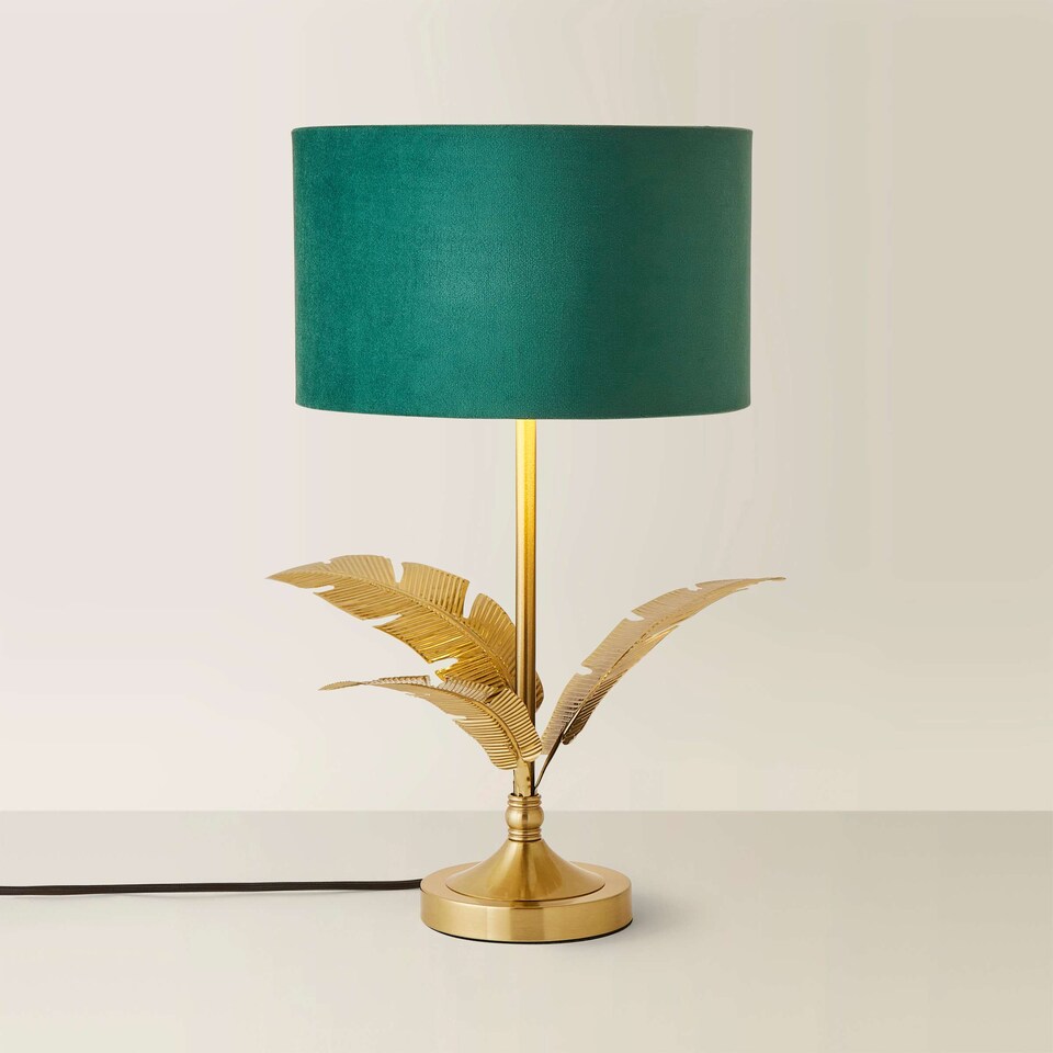 image 1 of ValueLights Christina Green Velvet with Gold Inner Drum Shade Gold Palm Leaf Table Lamp | Gold