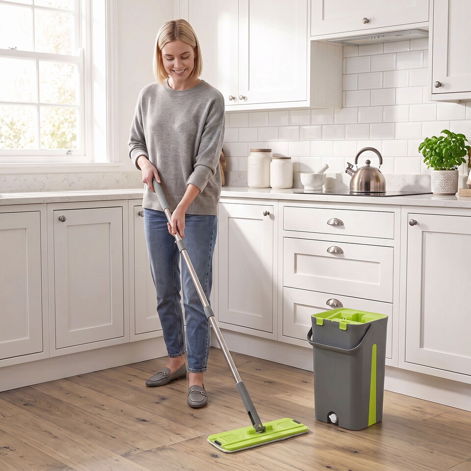 image 1 of HOMCOM Mop and Bucket Set, Compact Flat Mop System, Dark Grey and Green