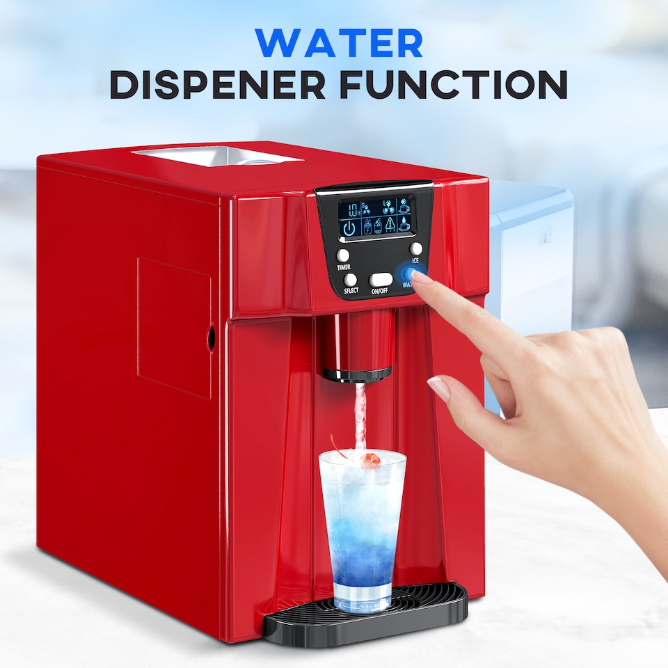 image 1 of HOMCOM 3L Ice Maker Machine and Water Dispenser, 12kg in 24H, 2 Size Options 9 Ice Cubes Ready in 6-10 Mins Countertop Ice Machine for Home, Kitchen, Office, Bar, Red
