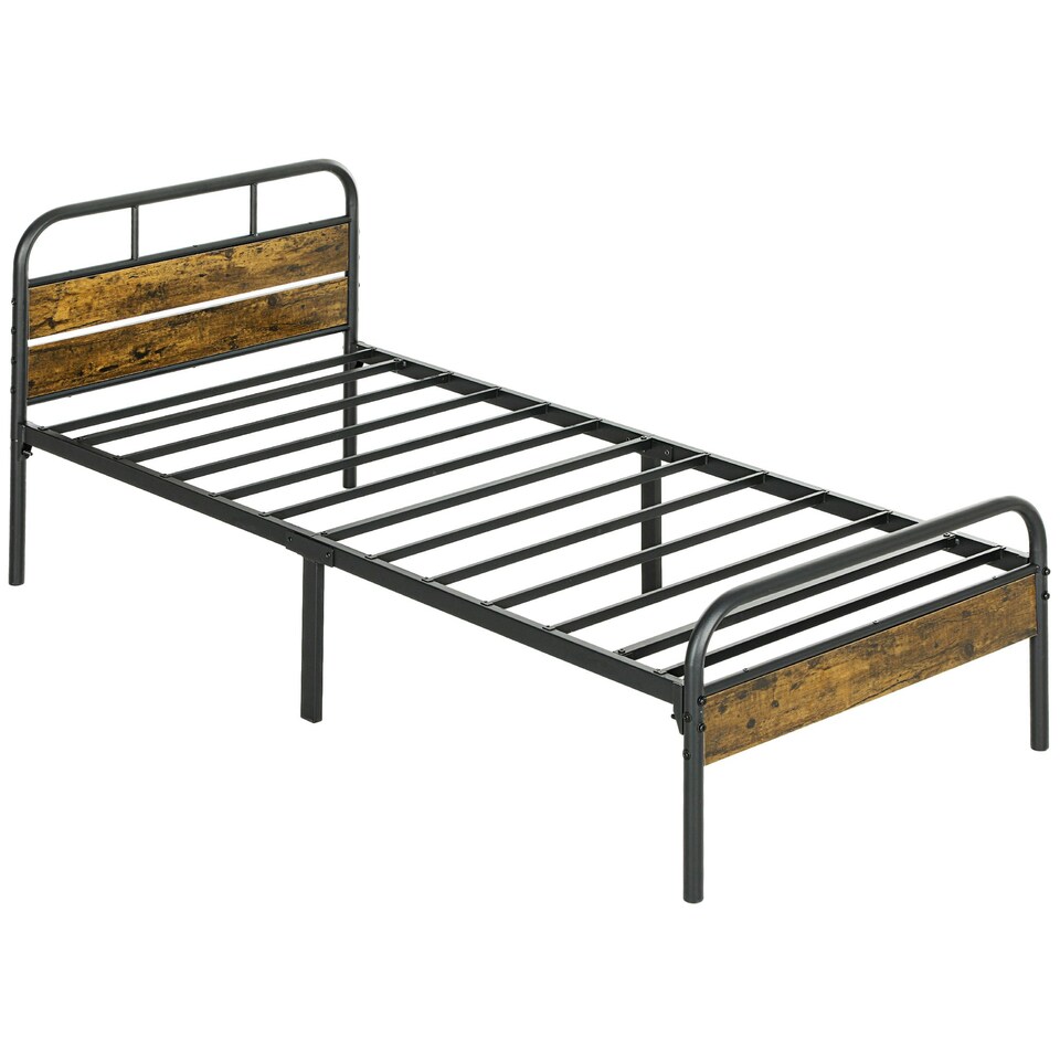 image 1 of HOMCOM Single Bed Frame with Headboard, No Box Spring Needed, Rustic Brown