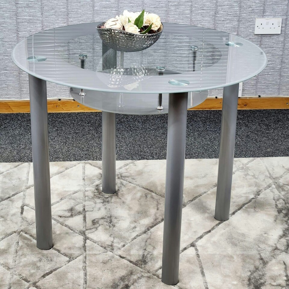 image 1 of Glass Grey Dining Table Round Dining Table Dining Room Kitchen Furniture Grey