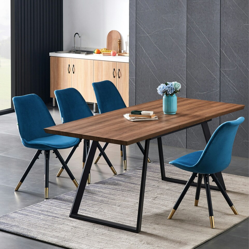image 1 of Set of 6 Sofia Ergonomic Modern Dining Chairs Upholstered in Velvet, Metal Legs with Gold End Tips Blue
